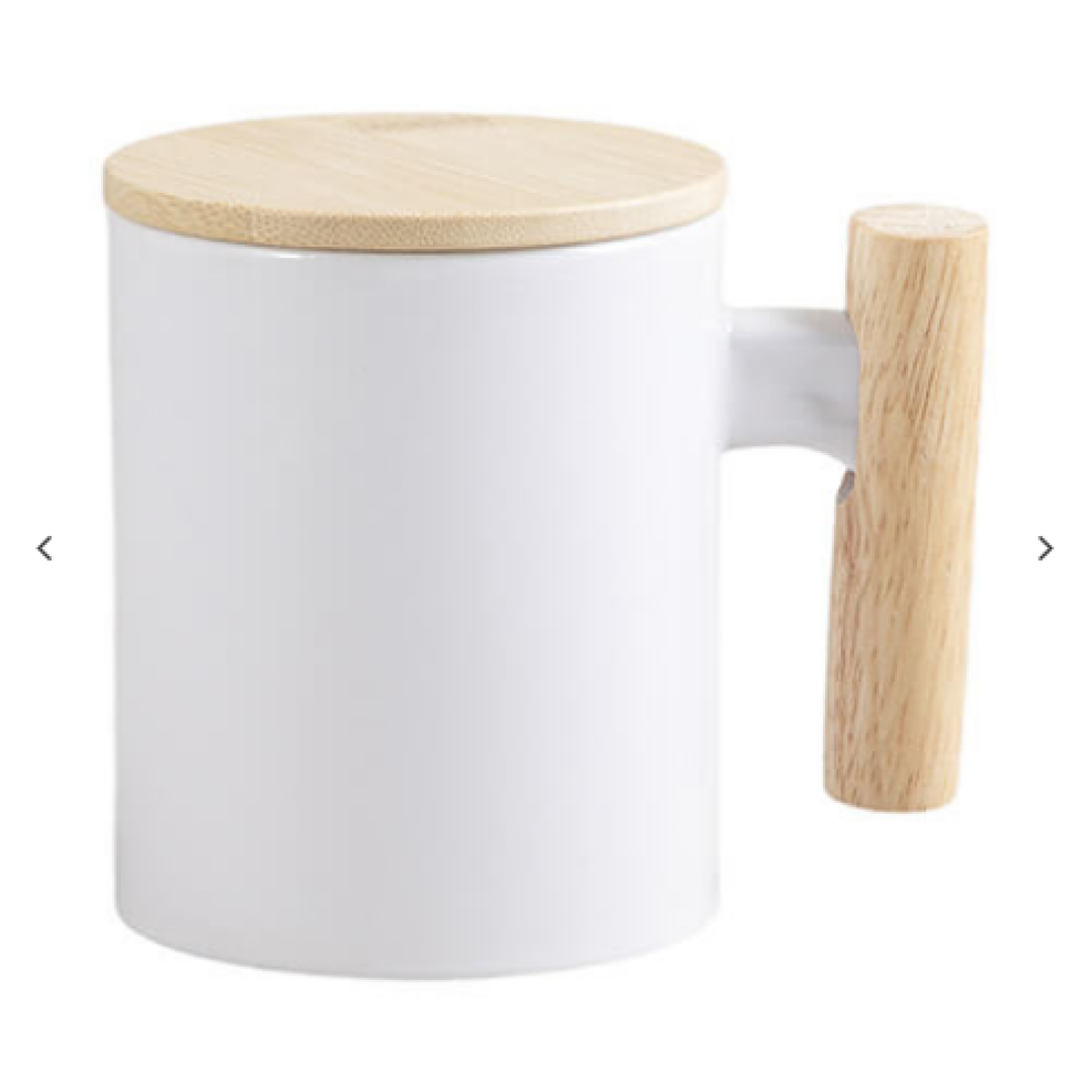 "11oz Λευκό Κούπα w/ Ξύλινο Handle & Bamboo Lid